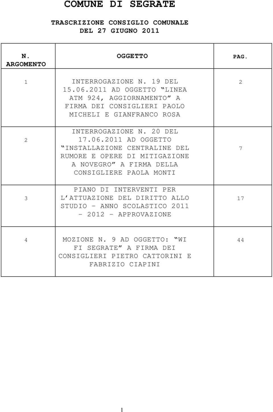 2011 AD OGGETTO INSTALLAZIONE CENTRALINE DEL RUMORE E OPERE DI MITIGAZIONE A NOVEGRO A FIRMA DELLA CONSIGLIERE PAOLA MONTI PIANO DI INTERVENTI PER L