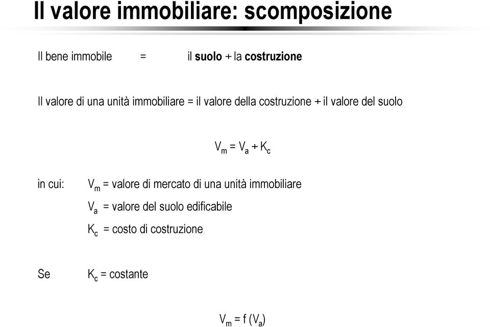 suolo V m = V a + K c in cui: V m = valore di mercato di una unità immobiliare V a