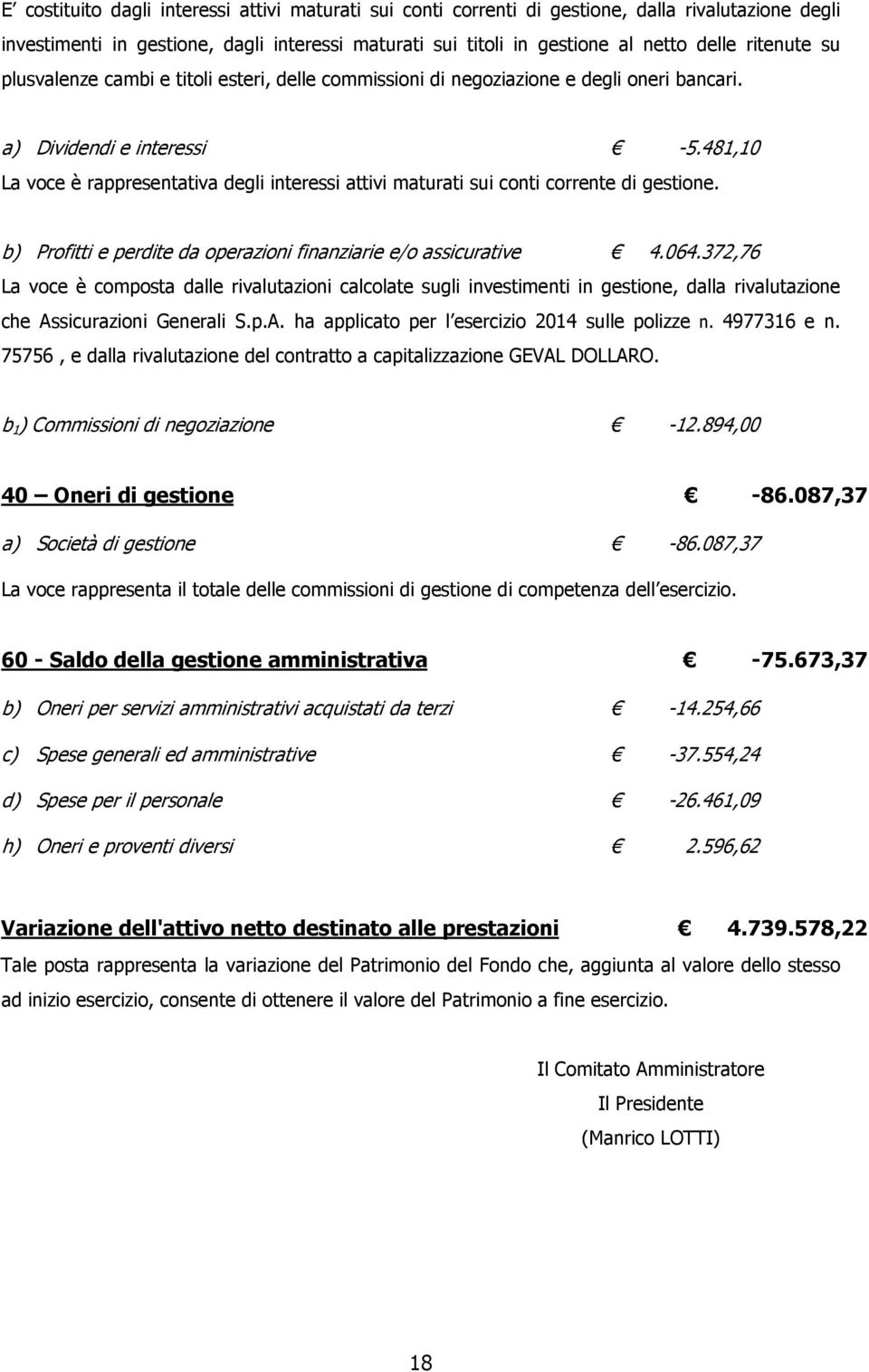 481,10 La voce è rappresentativa degli interessi attivi maturati sui conti corrente di gestione. b) Profitti e perdite da operazioni finanziarie e/o assicurative 4.064.