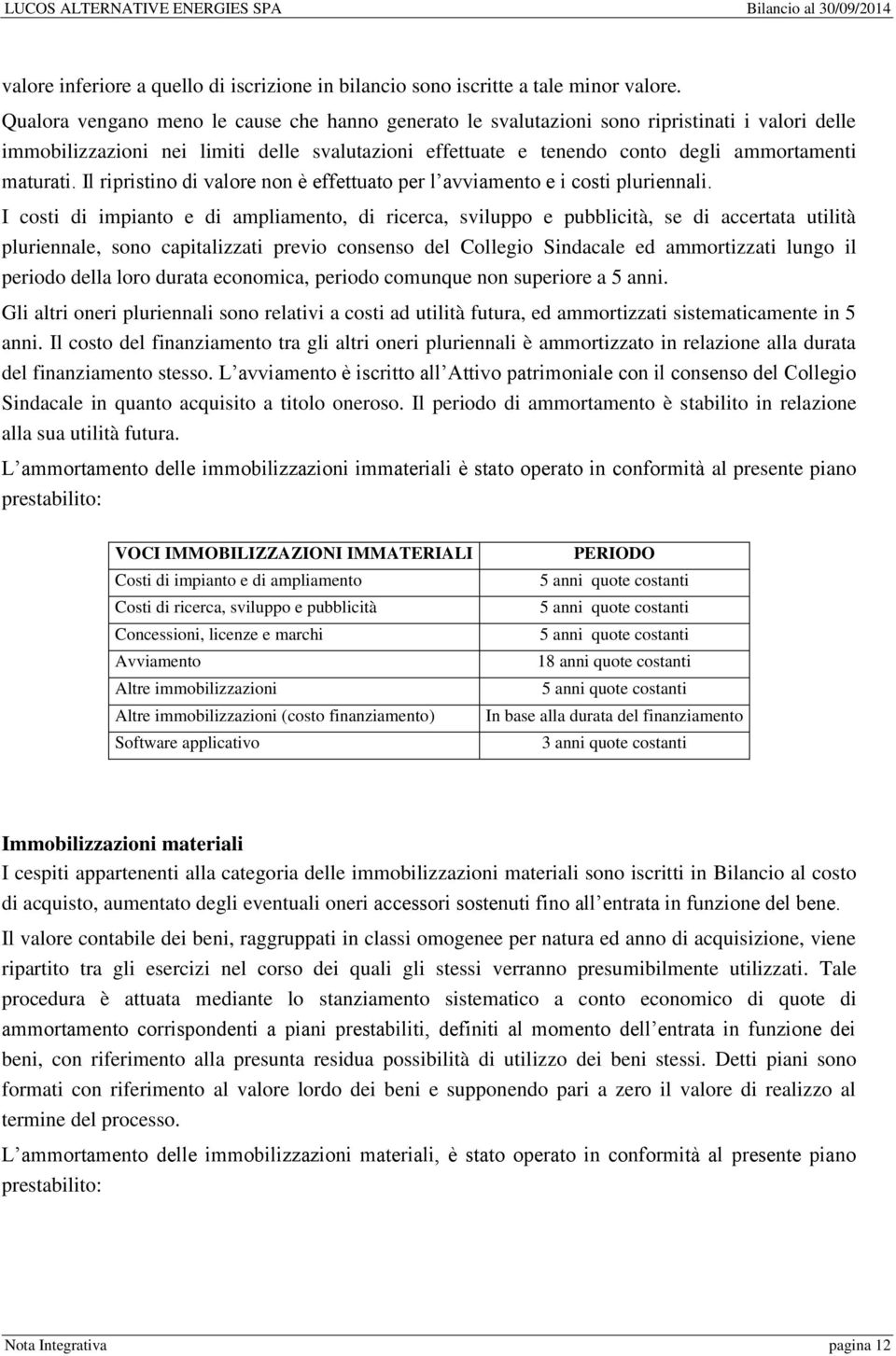 Il ripristino di valore non è effettuato per l avviamento e i costi pluriennali.