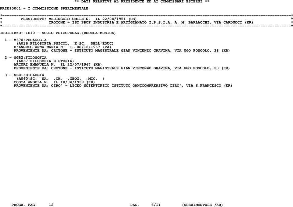 IL 08/12/1967 (PA) PROVENIENTE DA: CROTONE - ISTITUTO MAGISTRALE GIAN VINCENZO GRAVINA, VIA UGO FOSCOLO, 28 (KR) 2 - SG82:FILOSOFIA (A037:FILOSOFIA E STORIA) ARCURI EMANUELA N.