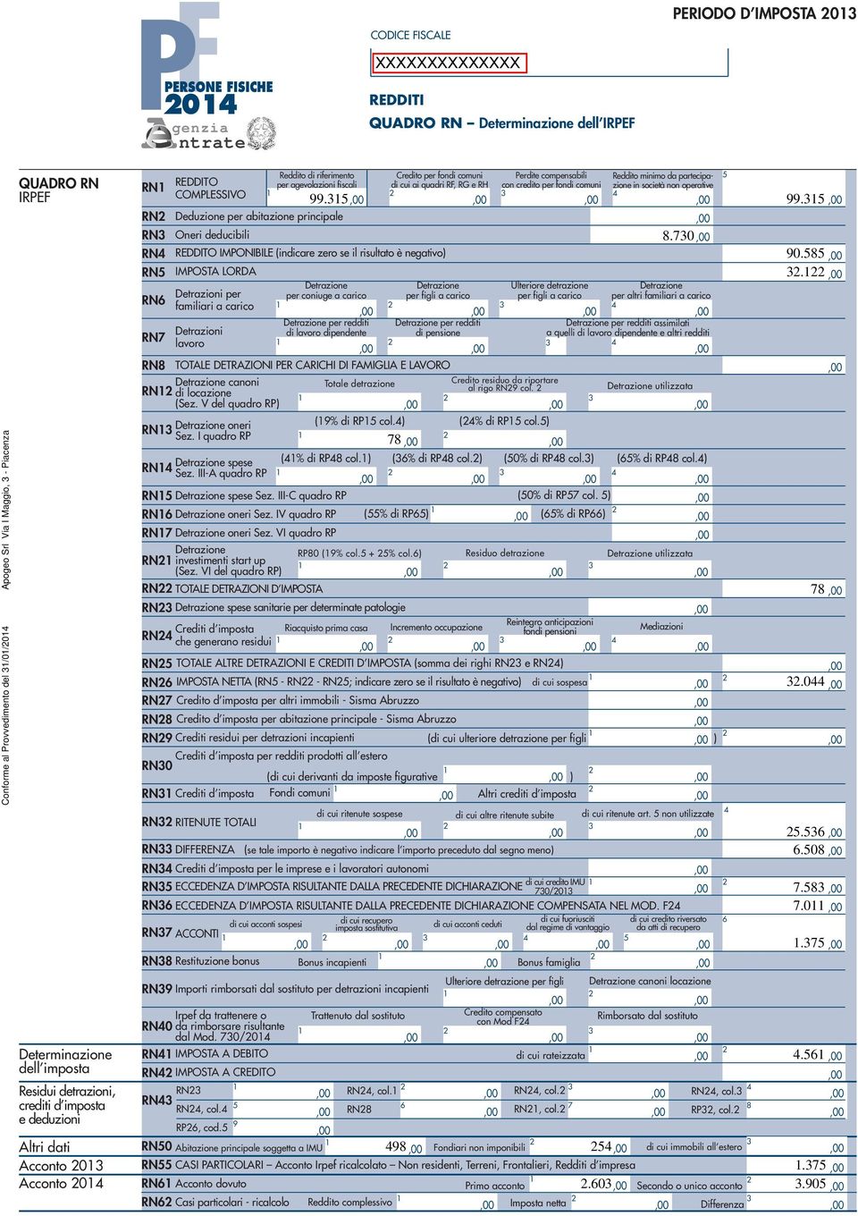 REDDITO per agevolazioni fiscali di cui ai quadri RF, RG e RH con credito per fondi comuni COMPLESSIVO 99. 99. RN Deduzione per abitazione principale RN Oneri deducibili.