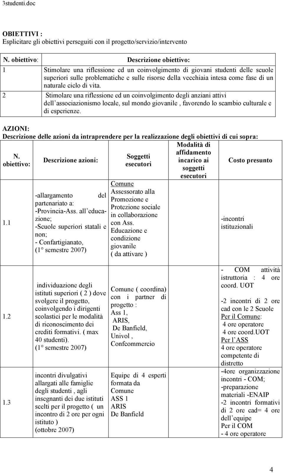 un naturale ciclo di vita. 2 Stimolare una riflessione ed un coinvolgimento degli anziani attivi dell associazionismo locale, sul mondo giovanile, favorendo lo scambio culturale e di esperienze.