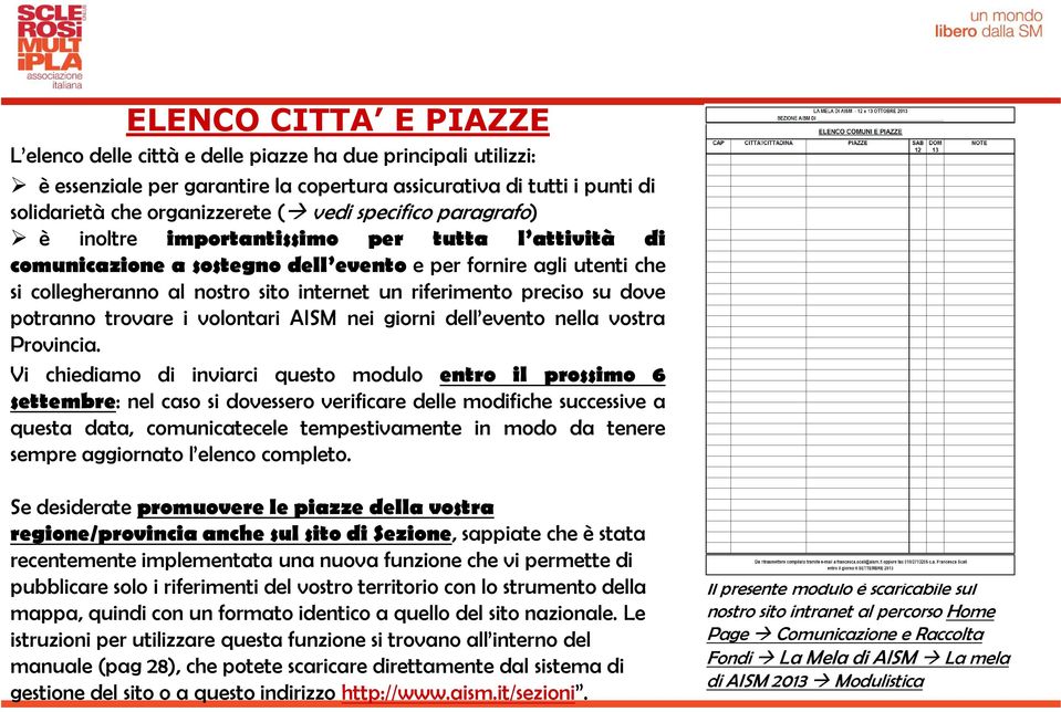 preciso su dove potranno trovare i volontari AISM nei giorni dell evento nella vostra Provincia.