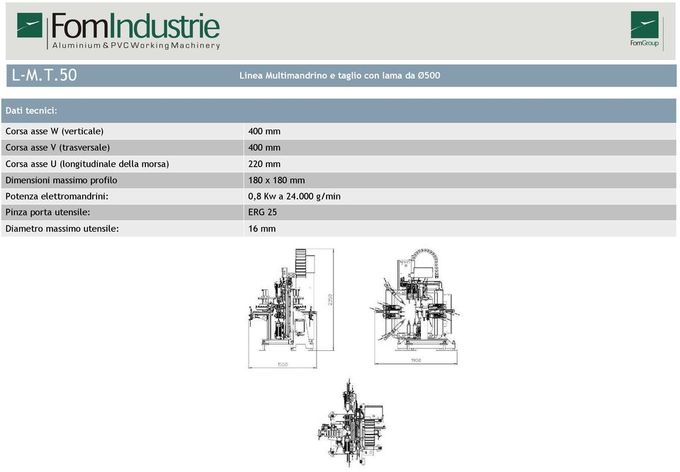 Dimensioni massimo profilo 180 x 180 mm Potenza elettromandrini: 0,8