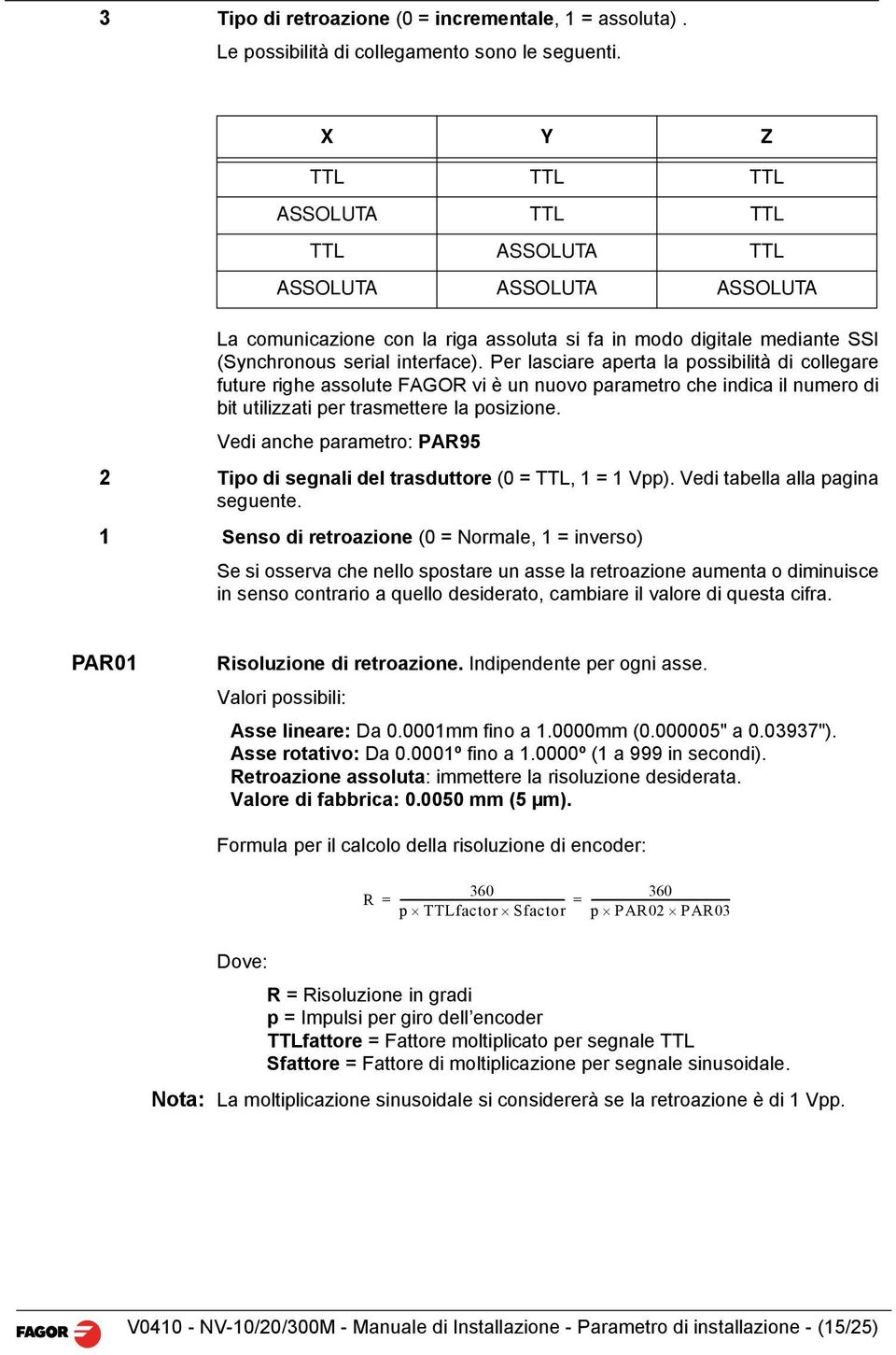 Per lasciare aperta la possibilità di collegare future righe assolute FAGOR vi è un nuovo parametro che indica il numero di bit utilizzati per trasmettere la posizione.