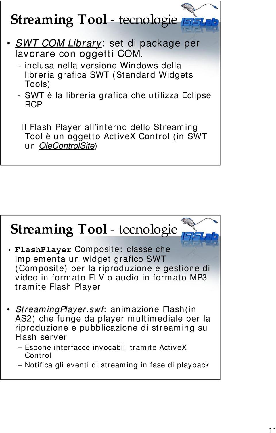 oggetto ActiveX Control (in SWT un OleControlSite) Streaming Tool - tecnologie FlashPlayer Composite: classe che implementa un widget grafico SWT (Composite) per la riproduzione e gestione di video