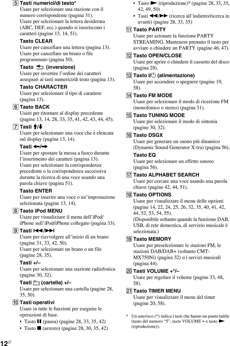 Tasto (inversione) Usare per invertire l ordine dei caratteri assegnati ai tasti numerici/di testo (pagina 13). Tasto CHARACTER Usare per selezionare il tipo di carattere (pagina 13).