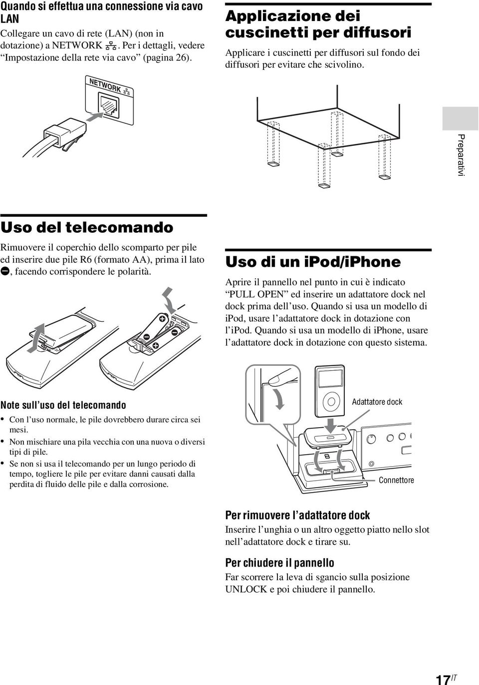 Preparativi Uso del telecomando Rimuovere il coperchio dello scomparto per pile ed inserire due pile R6 (formato AA), prima il lato E, facendo corrispondere le polarità.