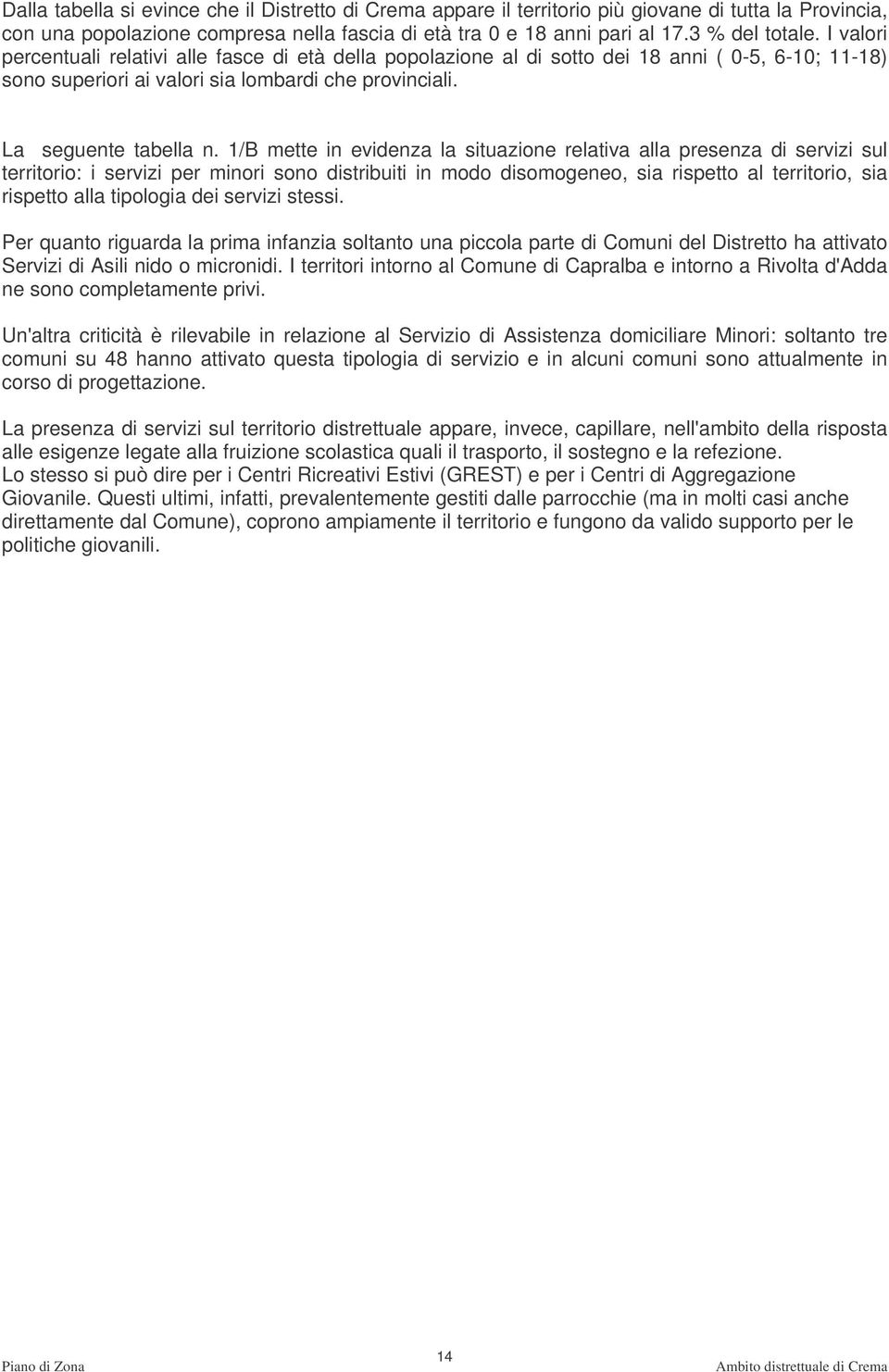 1/B mette in evidenza la situazione relativa alla presenza di servizi sul territorio: i servizi per minori sono distribuiti in modo disomogeneo, sia rispetto al territorio, sia rispetto alla