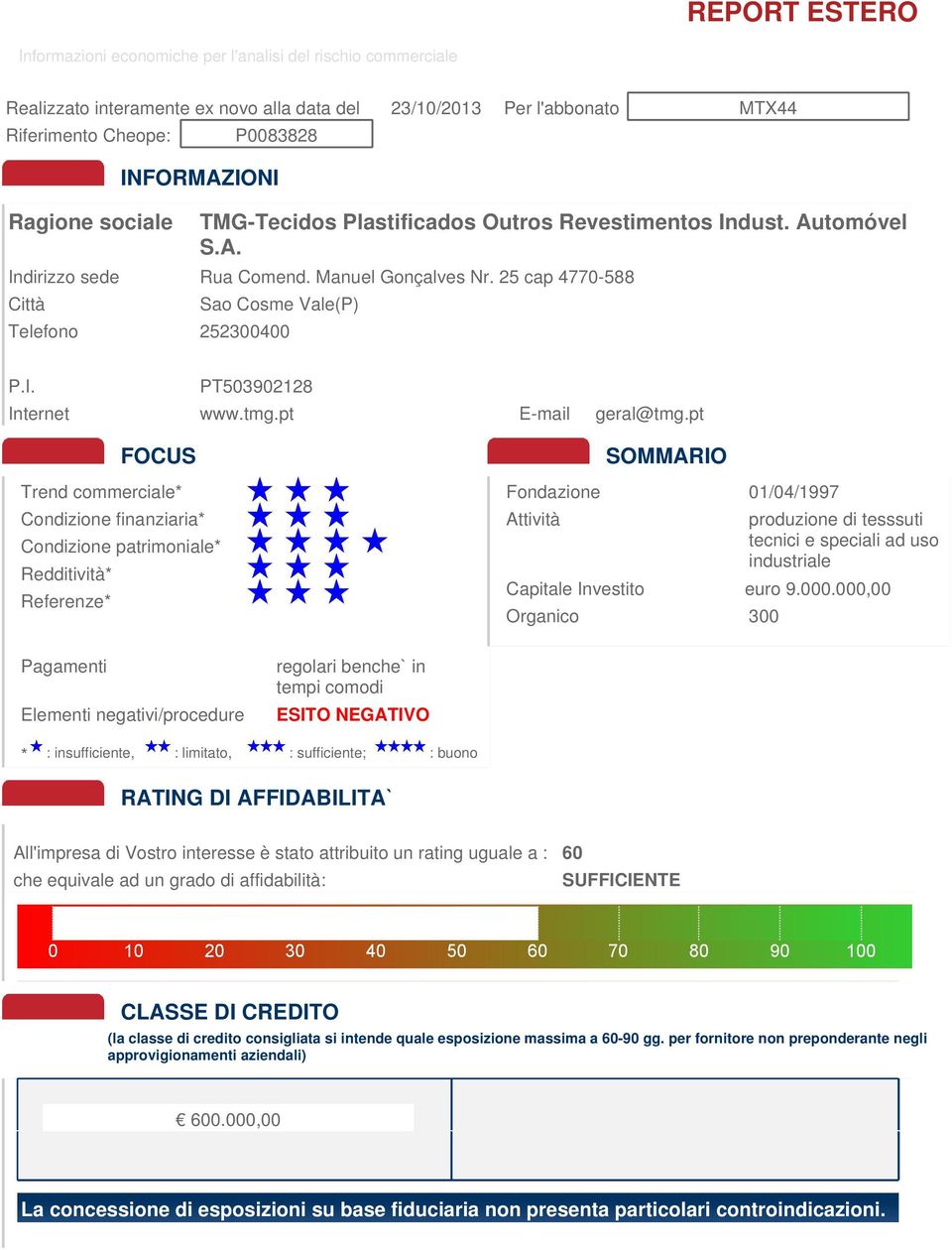 pt FOCUS Trend commerciale* Condizione finanziaria* Condizione patrimoniale* Redditività* Referenze* Fondazione 01/04/1997 Attività SOMMARIO Capitale Investito euro 9.000.