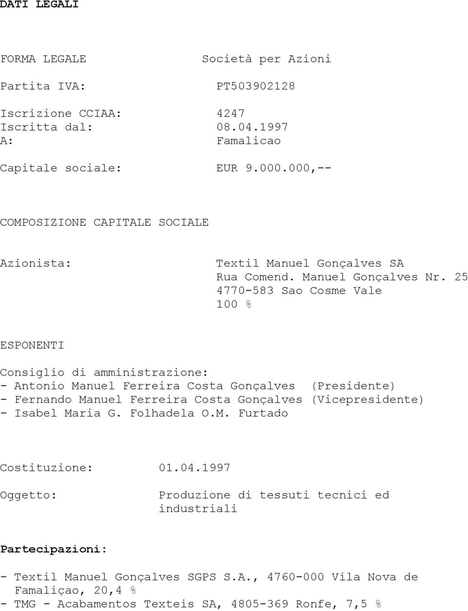 25 4770-583 Sao Cosme Vale 100 % ESPONENTI Consiglio di amministrazione: - Antonio Manuel Ferreira Costa Gonçalves (Presidente) - Fernando Manuel Ferreira Costa Gonçalves