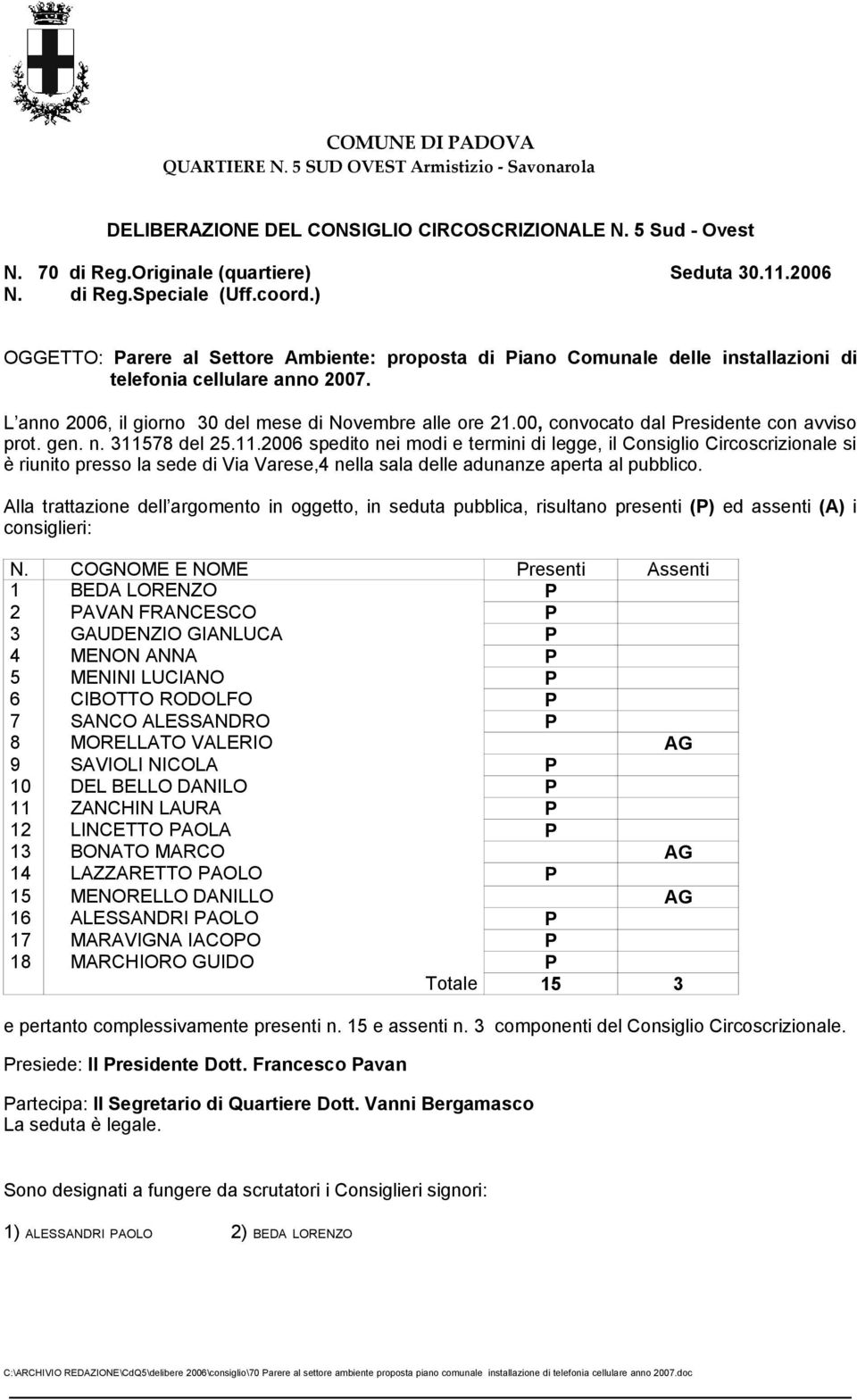 00, convocato dal Presidente con avviso prot. gen. n. 3115