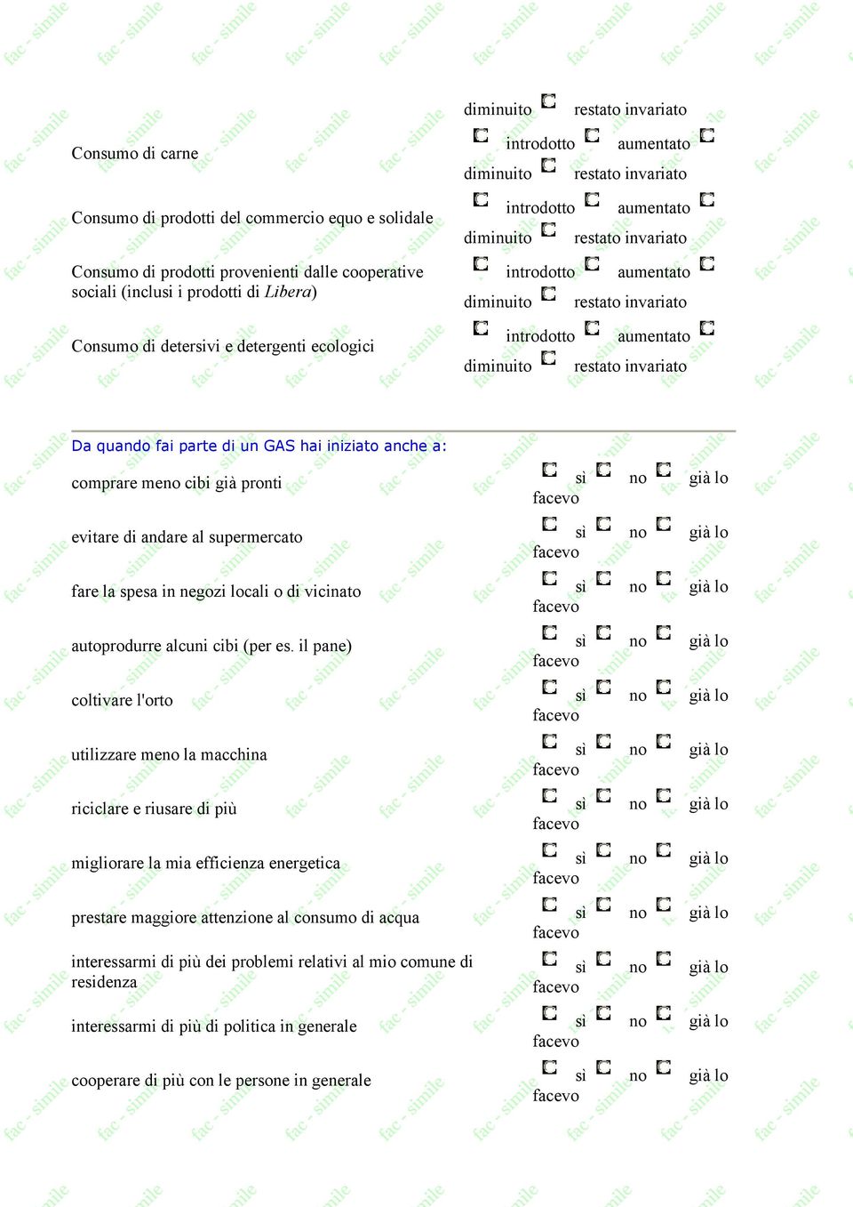 aumentato diminuito restato invariato Da quando fai parte di un GAS hai iniziato anche a: comprare meno cibi già pronti sì no già lo evitare di andare al supermercato sì no già lo fare la spesa in