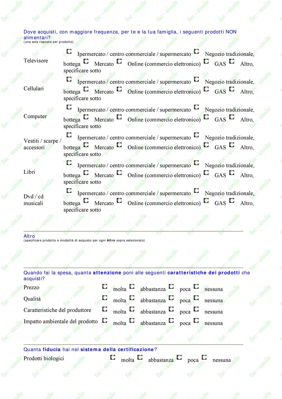 / cd musicali Altro (specificare prodotto e modalità di acquisto per ogni Altro sopra selezionato) Quando fai la spesa, quanta attenzione poni alle seguenti