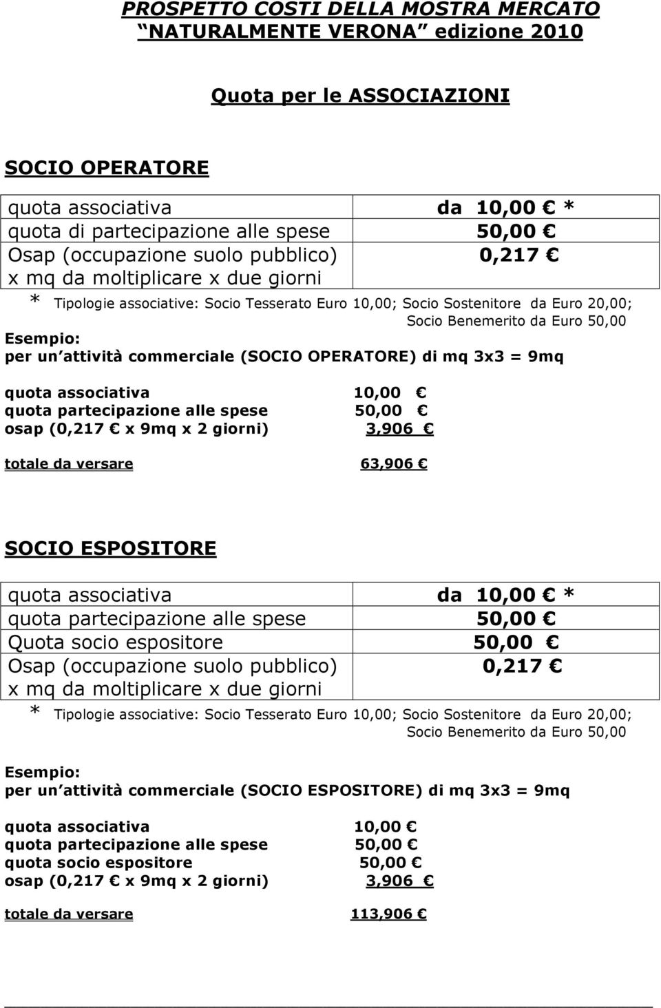 un attività commerciale (SOCIO OPERATORE) di mq 3x3 = 9mq quota associativa 10,00 quota partecipazione alle spese 50,00 osap (0,217 x 9mq x 2 giorni) 3,906 totale da versare 63,906 SOCIO ESPOSITORE