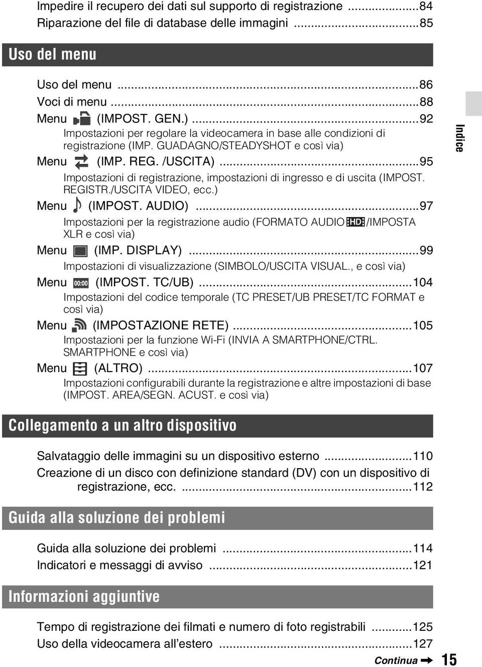 ..95 Impostazioni di registrazione, impostazioni di ingresso e di uscita (IMPOST. REGISTR./USCITA VIDEO, ecc.) Menu (IMPOST. AUDIO).