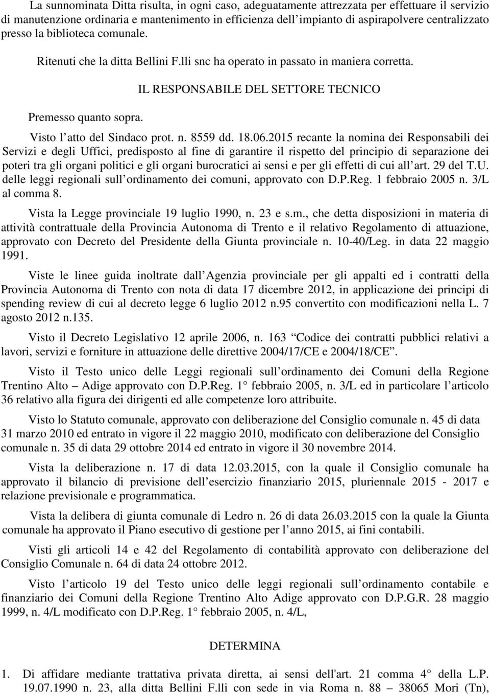 IL RESPONSABILE DEL SETTORE TECNICO Visto l atto del Sindaco prot. n. 8559 dd. 18.06.