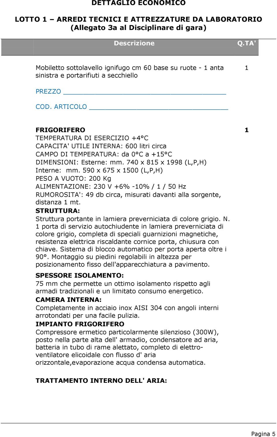 590 x 675 x 500 (L,P,H) PESO A VUOTO: 200 Kg ALIMENTAZIONE: 230 V +6% -0% / / 50 Hz RUMOROSITA': 49 db circa, misurati davanti alla sorgente, distanza mt.