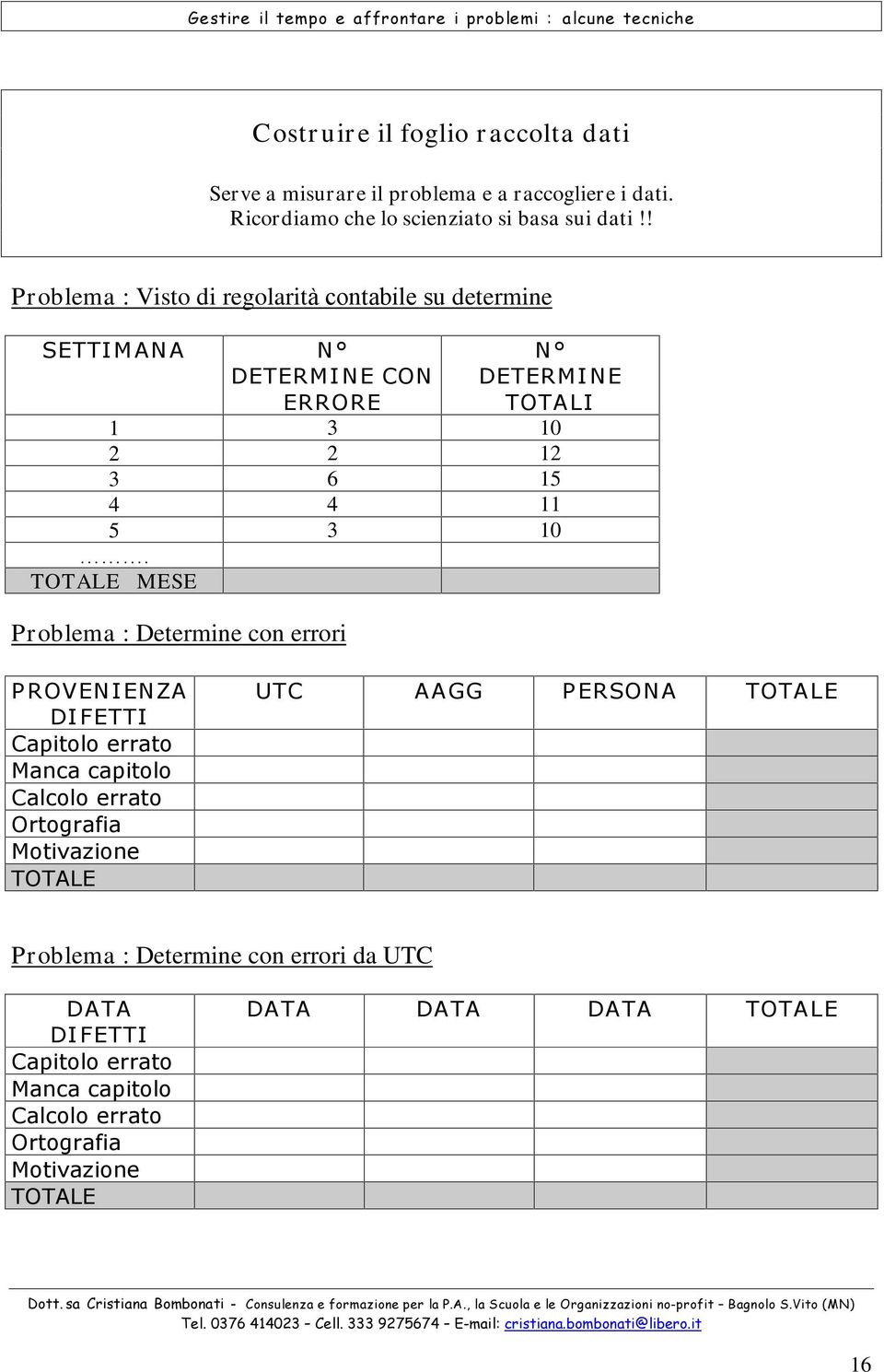 «««TOTALE MESE Problema : Determine con errori P ROVENI ENZA DI FETTI Capitolo errato Manca capitolo Calcolo errato Ortografia Motivazione TOTALE UTC