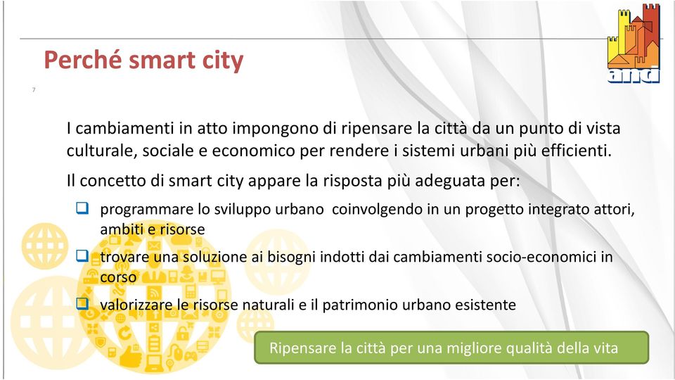 Il concetto di smart city appare la risposta più adeguata per: programmare lo sviluppo urbano coinvolgendo in un progetto integrato