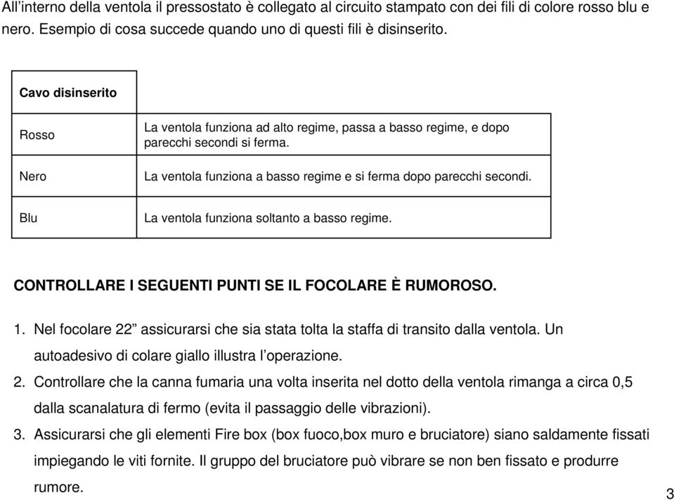 Blu La ventola funziona soltanto a basso regime. CONTROLLARE I SEGUENTI PUNTI SE IL FOCOLARE È RUMOROSO. 1. Nel focolare 22 assicurarsi che sia stata tolta la staffa di transito dalla ventola.