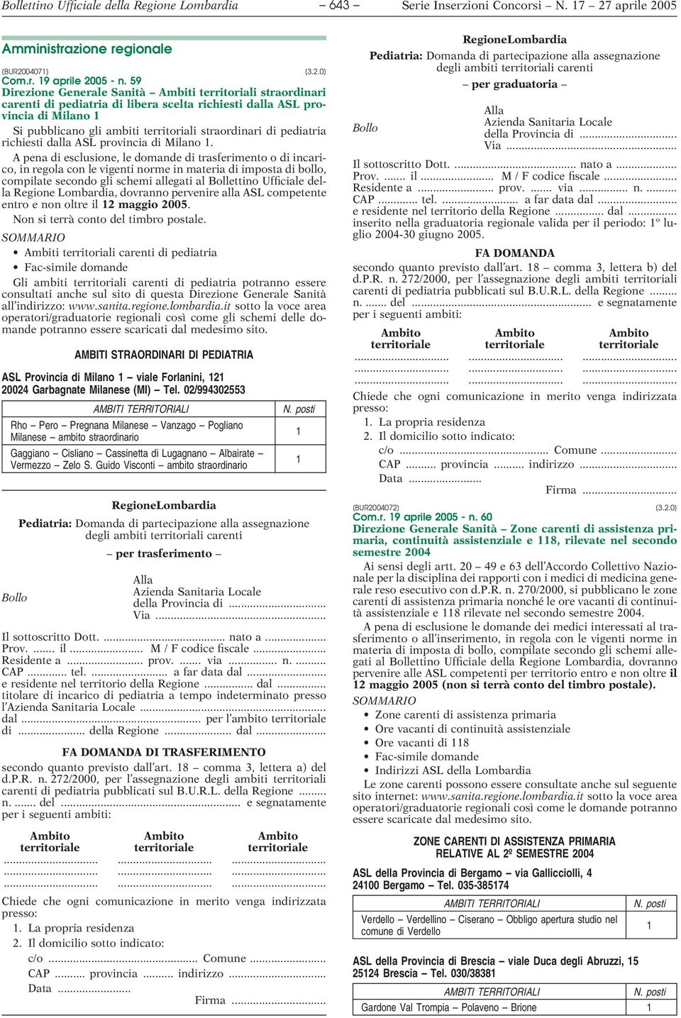 pediatria richiesti dalla ASL provincia di Milano 1.