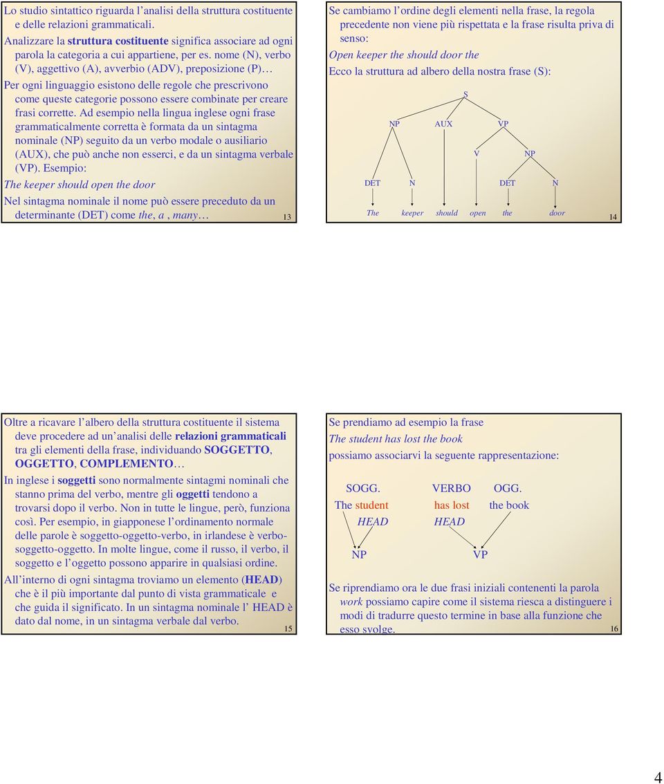 nome (N), verbo (V), aggettivo (A), avverbio (ADV), preposizione (P) Per ogni linguaggio esistono delle regole che prescrivono come queste categorie possono essere combinate per creare frasi corrette.