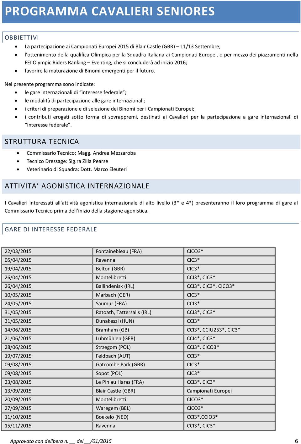 Nel presente programma sono indicate: le gare internazionali di interesse federale ; le modalità di partecipazione alle gare internazionali; i criteri di preparazione e di selezione dei Binomi per i