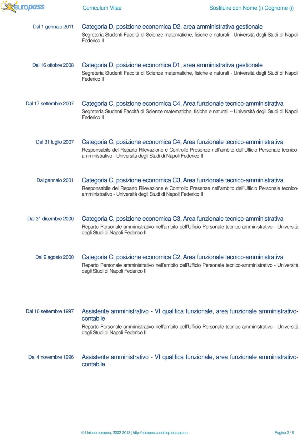 naturali - Università degli Studi di Napoli Dal 17 settembre 2007 Categoria C, posizione economica C4, Area funzionale tecnico-amministrativa Segreteria Studenti Facoltà di Scienze matematiche,