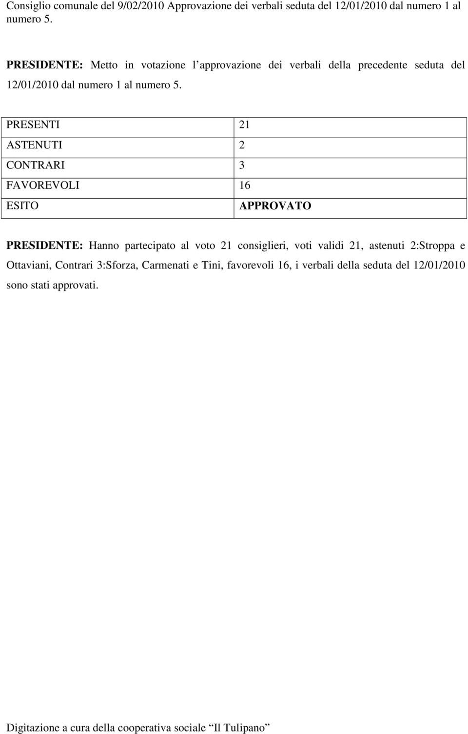 PRESENTI 21 ASTENUTI 2 CONTRARI 3 FAVOREVOLI 16 ESITO APPROVATO PRESIDENTE: Hanno partecipato al voto 21 consiglieri, voti