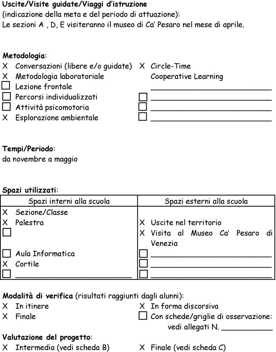 ambientale Tempi/Periodo: da novembre a maggio Spazi utilizzati: Spazi interni alla scuola X Sezione/Classe X Palestra Aula Informatica X Cortile X X Spazi esterni alla scuola Uscite nel territorio