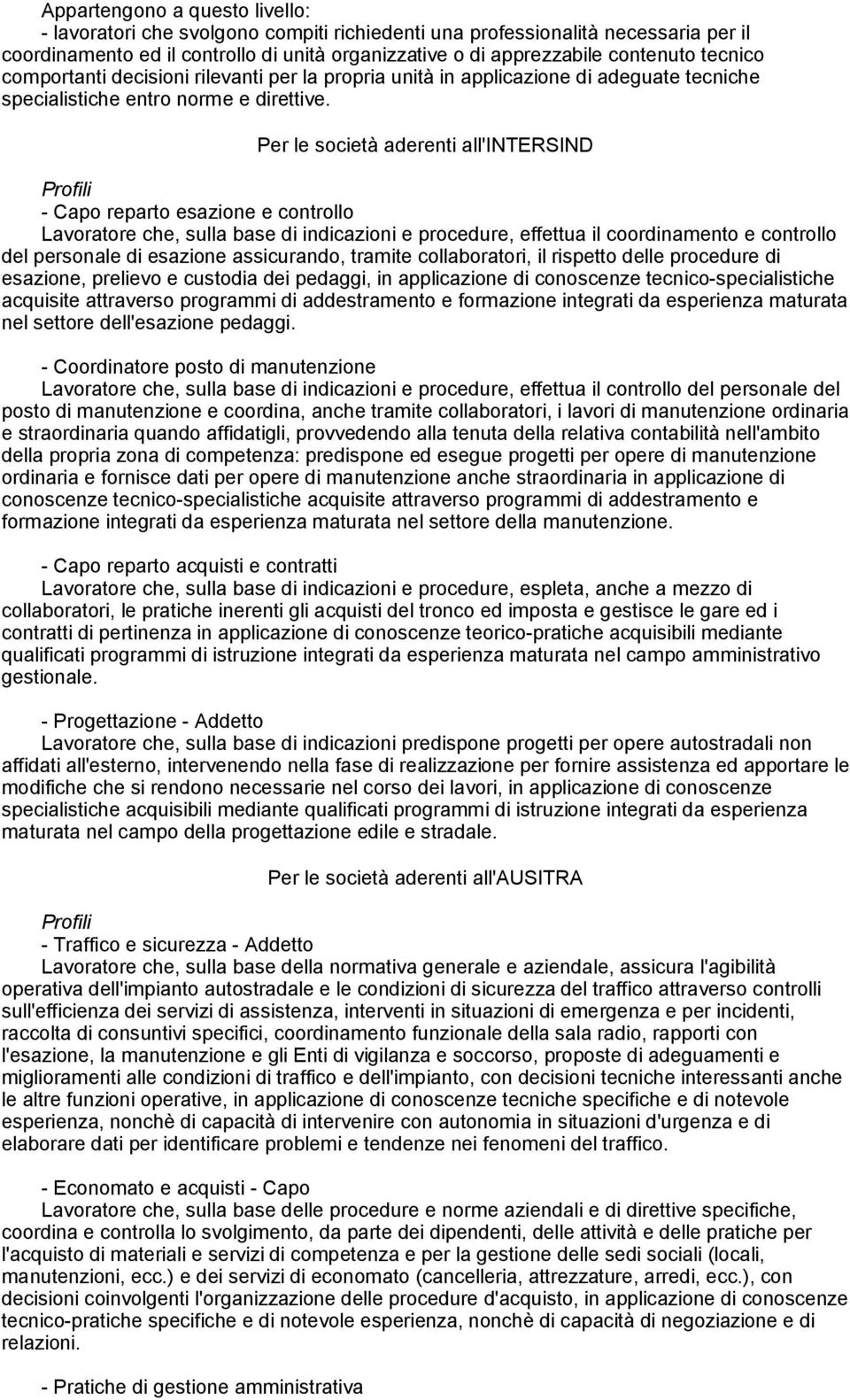 Per le società aderenti all'intersind Profili - Capo reparto esazione e controllo Lavoratore che, sulla base di indicazioni e procedure, effettua il coordinamento e controllo del personale di