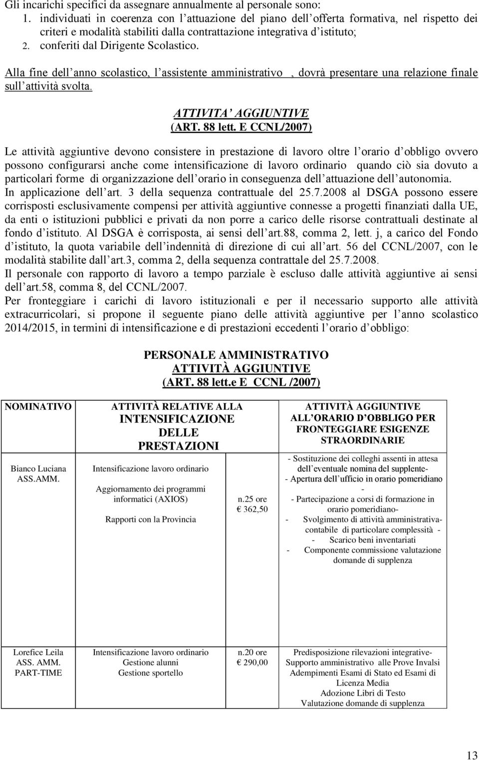 conferiti dal Dirigente Scolastico. Alla fine dell anno scolastico, l assistente amministrativo, dovrà presentare una relazione finale sull attività svolta. ATTIVITA AGGIUNTIVE (ART. 88 lett.