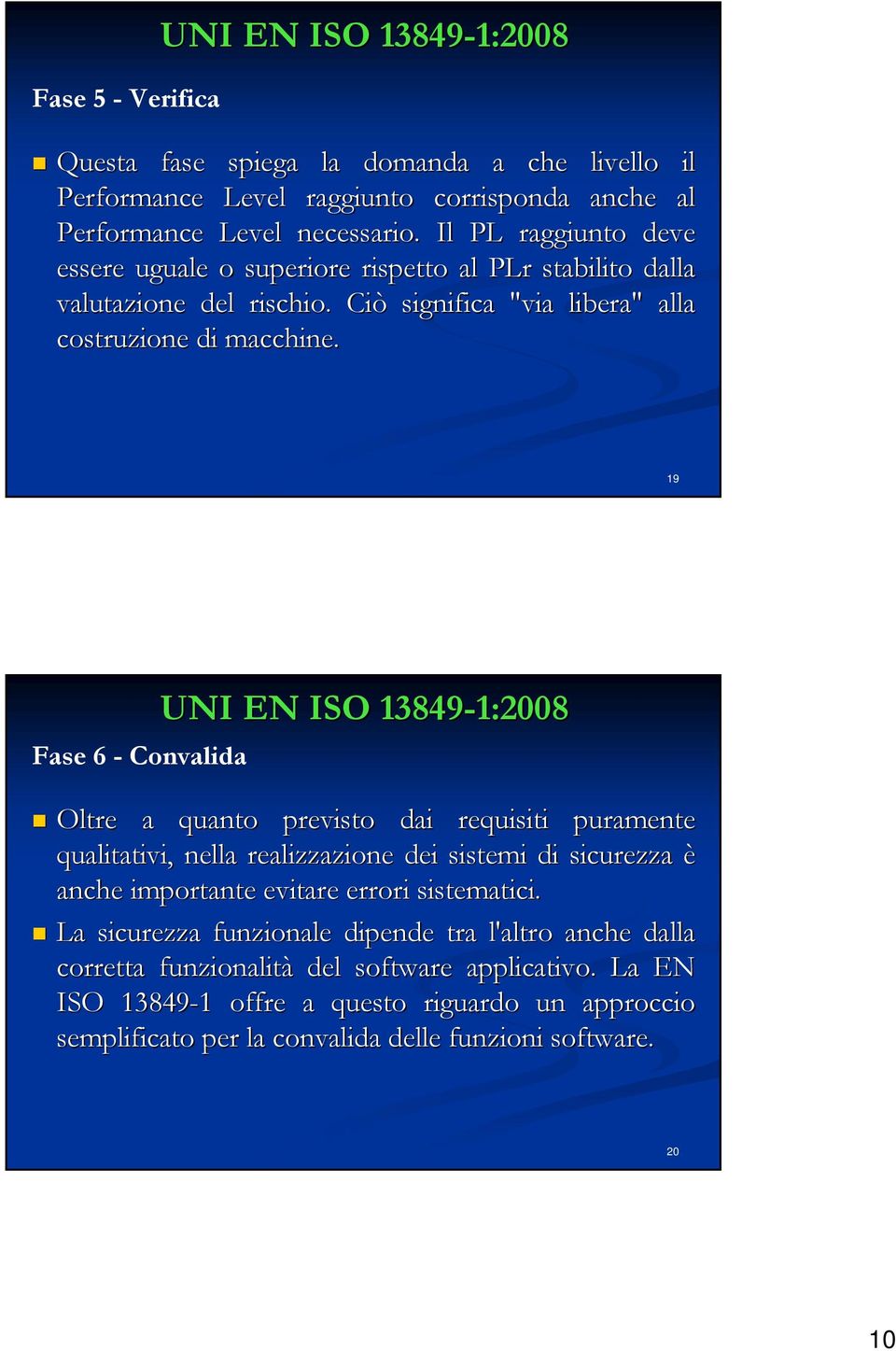 19 Fase 6 - Convalida UNI EN ISO 13849-1:2008 1:2008 Oltre a quanto previsto dai requisiti puramente qualitativi, nella realizzazione dei sistemi di sicurezza è anche importante evitare