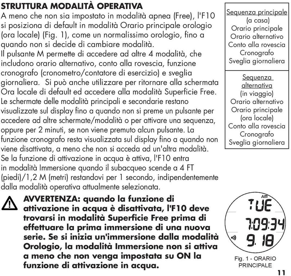 Il pulsante M permette di accedere ad altre 4 modalità, che includono orario alternativo, conto alla rovescia, funzione cronografo (cronometro/contatore di esercizio) e sveglia giornaliera.