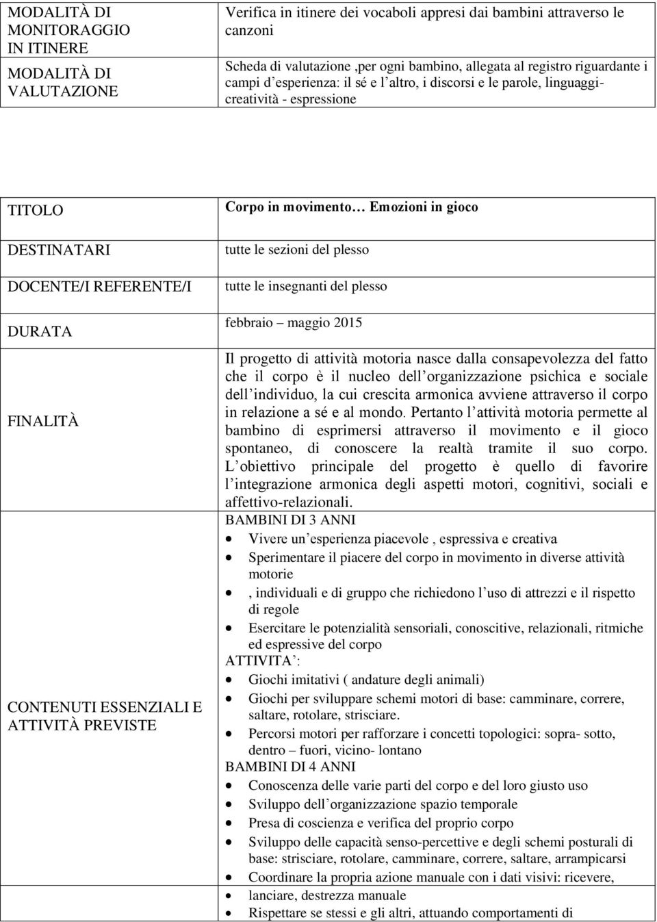 2015 Il progetto di attività motoria nasce dalla consapevolezza del fatto che il corpo è il nucleo dell organizzazione psichica e sociale dell individuo, la cui crescita armonica avviene attraverso