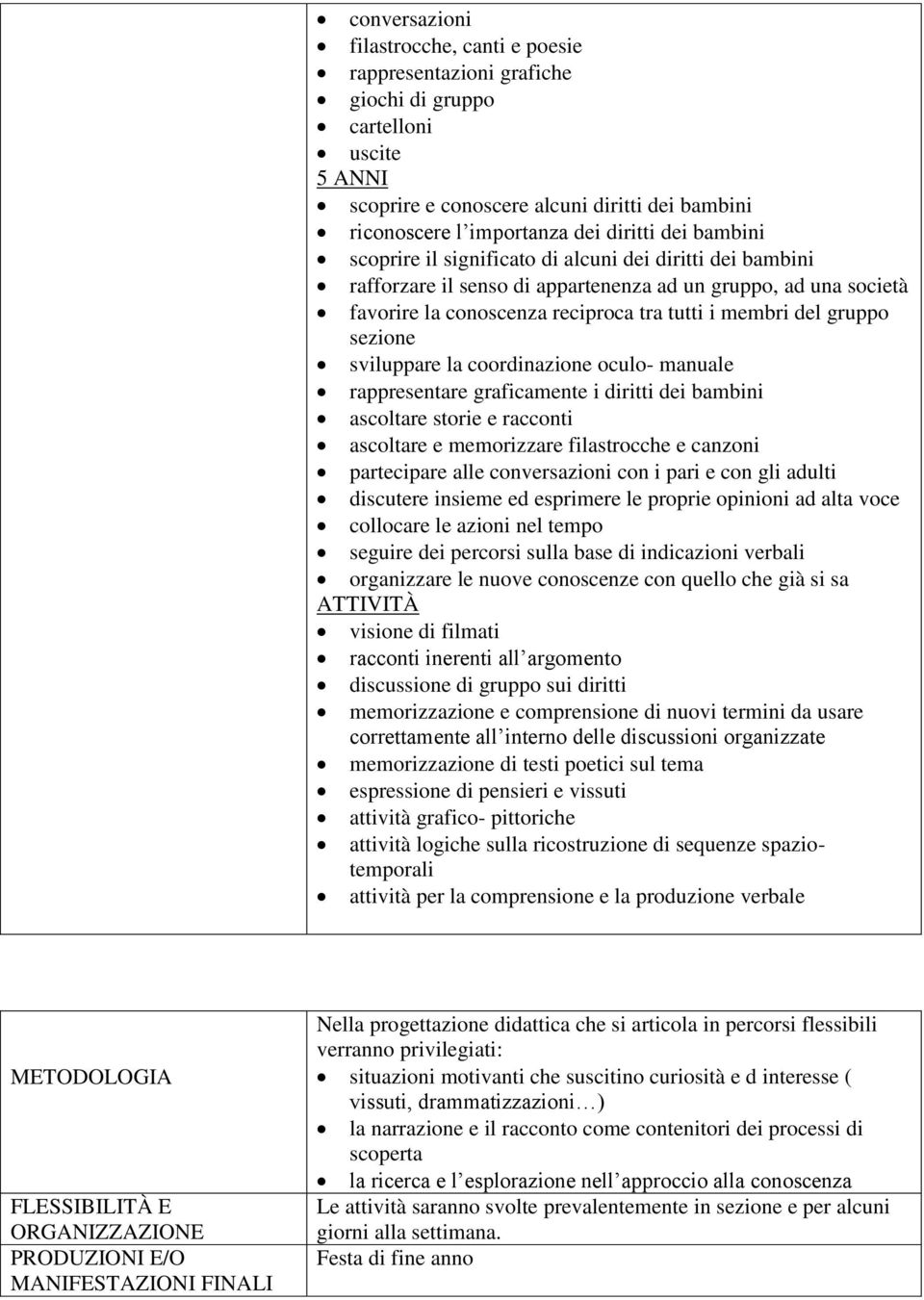 sezione sviluppare la coordinazione oculo- manuale rappresentare graficamente i diritti dei bambini ascoltare storie e racconti ascoltare e memorizzare filastrocche e canzoni partecipare alle