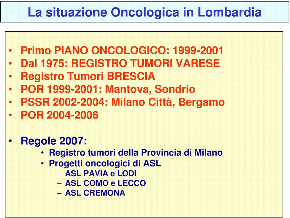 2002-2004: 2004: Milano Città, Bergamo POR 2004-2006 2006 Regole 2007: Registro tumori