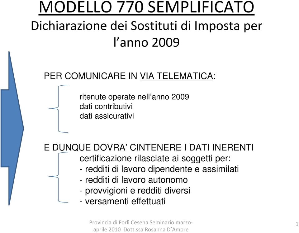 CINTENERE I DATI INERENTI certificazione rilasciate ai soggetti per: - redditi di lavoro