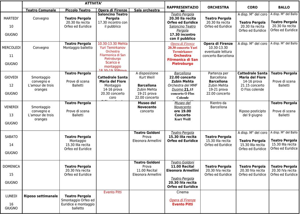 30Prova Cattedrale Santa Maria del Fiore Montaggio 14-16 prova O Flos colende Kurt Weill Barcellona Zubin Mehta 19-21 prova 22.00 concerto Museo del Novecento concerto Saloncino Teatro Pergola 17.