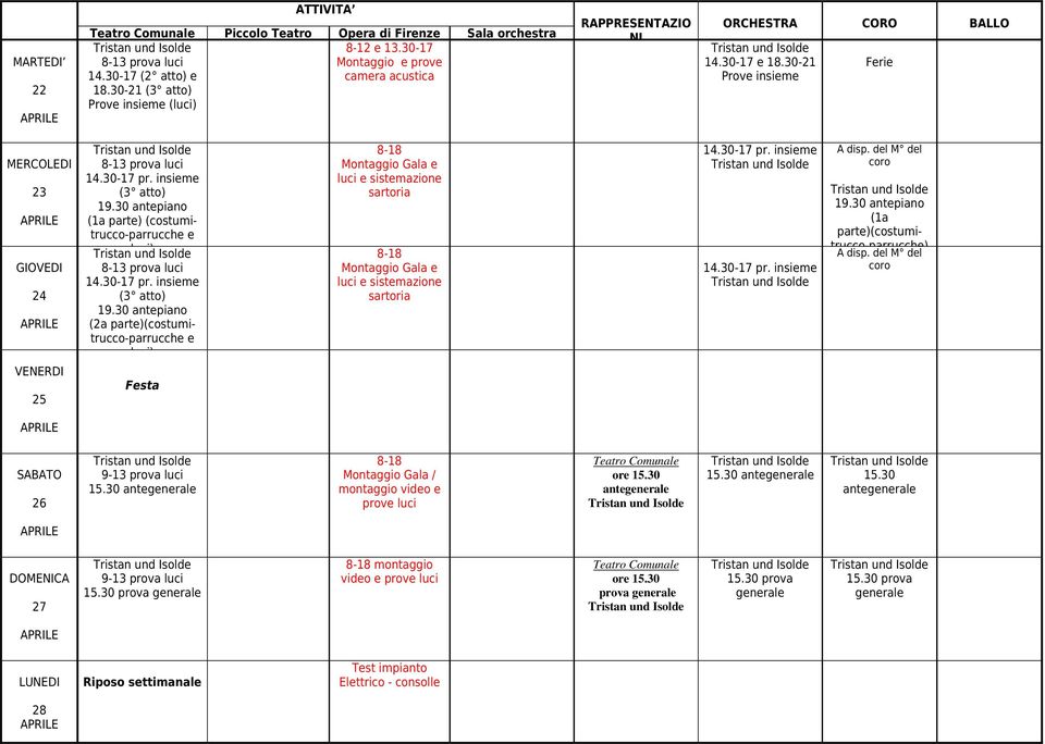 30 antepiano (2a parte)(costumitrucco-parrucche e luci) Festa 8-18 Montaggio Gala e luci e sistemazione sartoria 8-18 Montaggio Gala e luci e sistemazione sartoria 14.30-17 pr. 14.30-17 pr. 19.