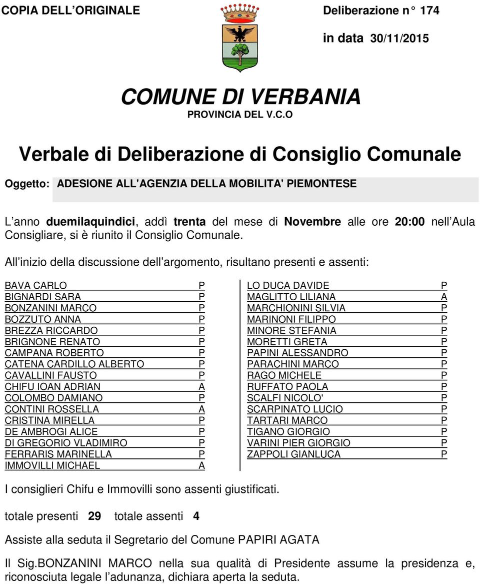 All inizio della discussione dell argomento, risultano presenti e assenti: BAVA CARLO BIGNARDI SARA BONZANINI MARCO BOZZUTO ANNA BREZZA RICCARDO BRIGNONE RENATO CAMANA ROBERTO CATENA CARDILLO ALBERTO