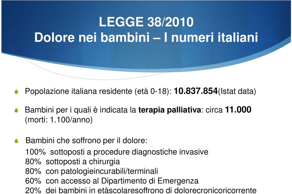 100/anno) Bambini che soffrono per il dolore: 100% sottoposti a procedure diagnostiche invasive 80% sottoposti a