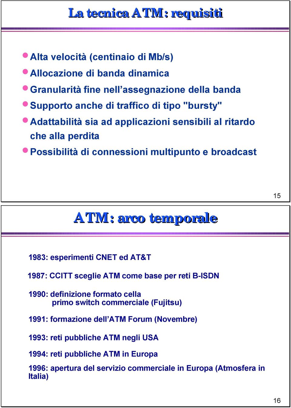 1983: esperimenti CNET ed AT&T 1987: CCITT sceglie ATM come base per reti B-ISDN 1990: definizione formato cella primo switch commerciale (Fujitsu) 1991: formazione