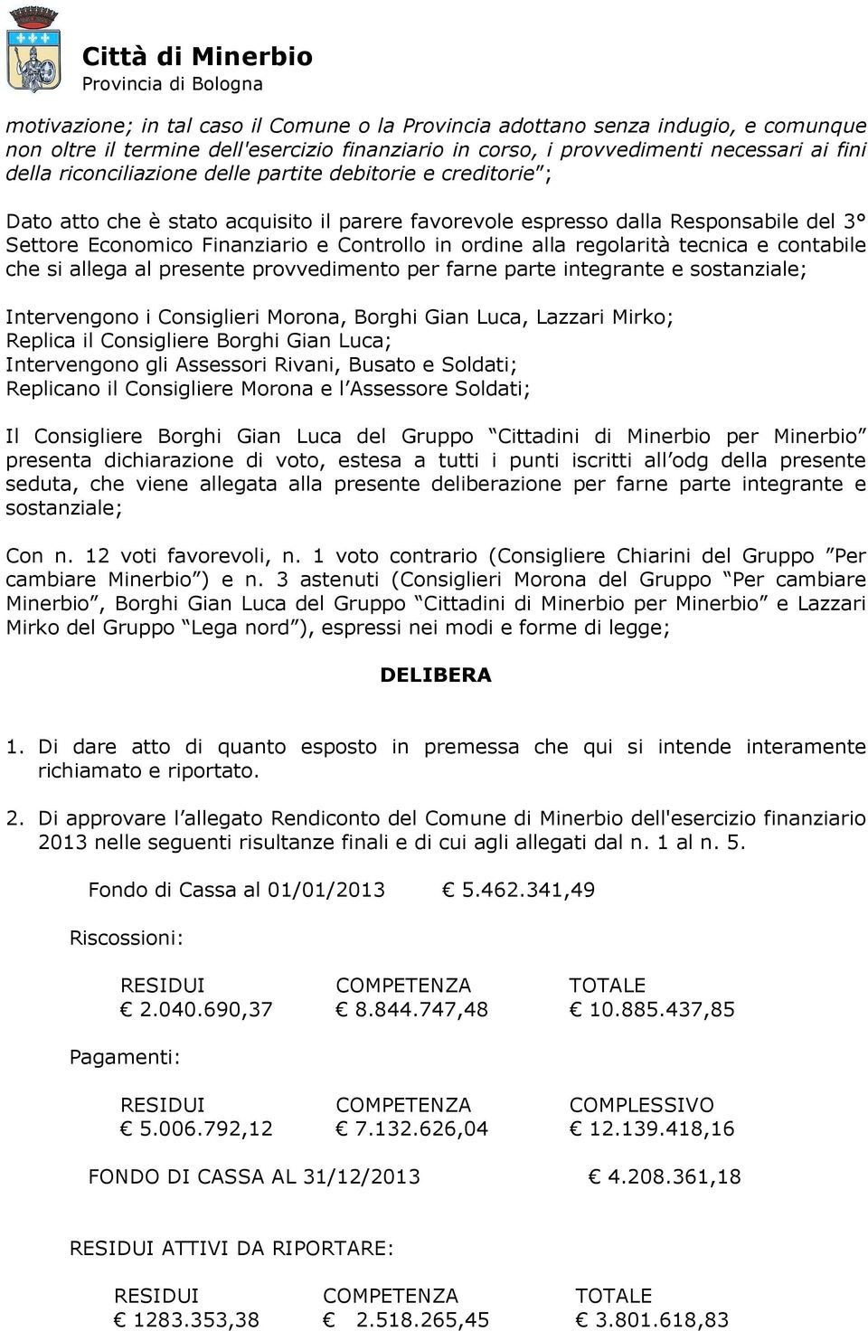 Controllo in ordine alla regolarità tecnica e contabile che si allega al presente provvedimento per farne parte integrante e sostanziale; Intervengono i Consiglieri Morona, Borghi Gian Luca, Lazzari