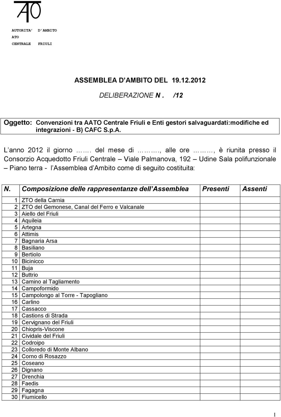 , alle ore, è riunita presso il Consorzio Acquedotto Friuli Centrale Viale Palmanova, 192 Udine Sala polifunzionale Piano terra - l Assemblea d Ambito come di seguito costituita: N.