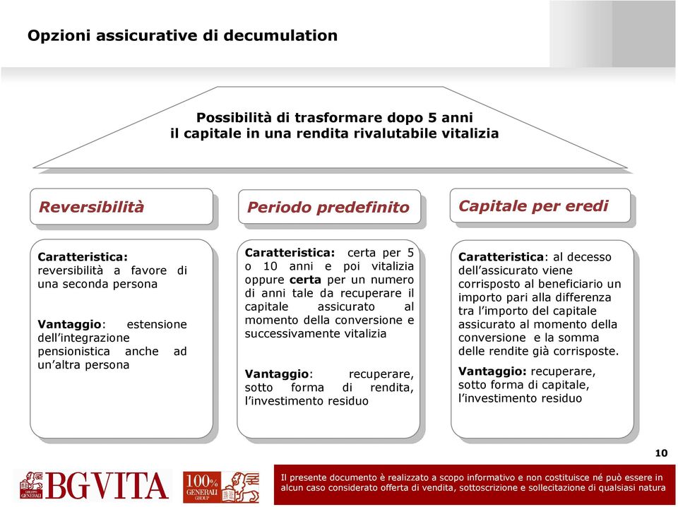 certa per 5 o 10 anni e poi vitalizia oppure certa per un numero di anni tale da recuperare il capitale assicurato al momento della conversione e successivamente vitalizia Vantaggio: recuperare,