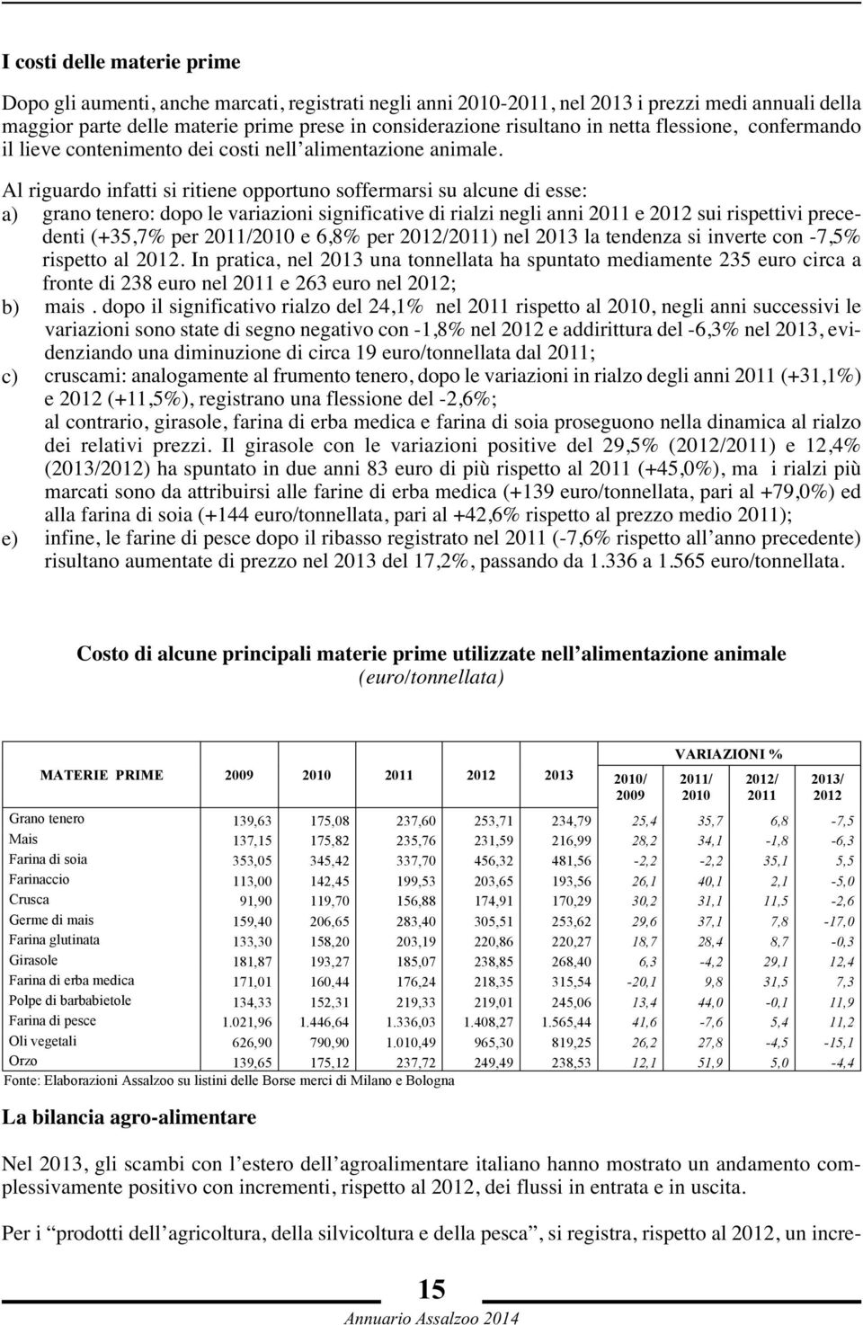 Al riguardo infatti si ritiene opportuno soffermarsi su alcune di esse: a) grano tenero: dopo le variazioni significative di rialzi negli anni 2011 e 2012 sui rispettivi precedenti (+35,7% per