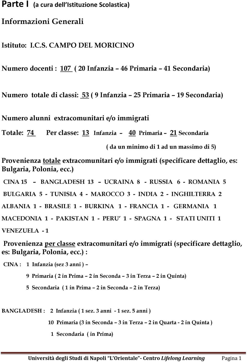 CAMPO DEL MORICINO Numero docenti : 107 ( 20 Infanzia 46 Primaria 41 Secondaria) Numero totale di classi: 53 ( 9 Infanzia 25 Primaria 19 Secondaria) Numero alunni extracomunitari e/o immigrati